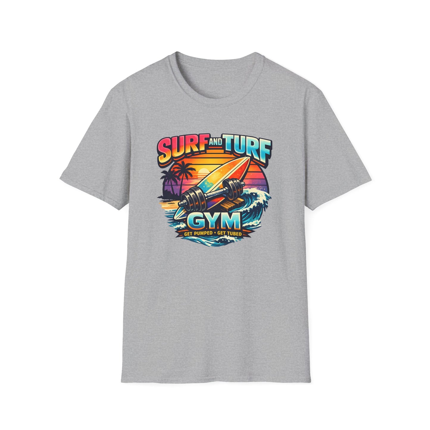 Surf and Turf Gym Retro Sunset Beach Workout Tee